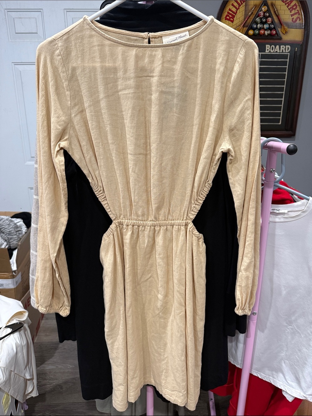 Tie-Waist Long Sleeve Cream Dress with Gathered Waist